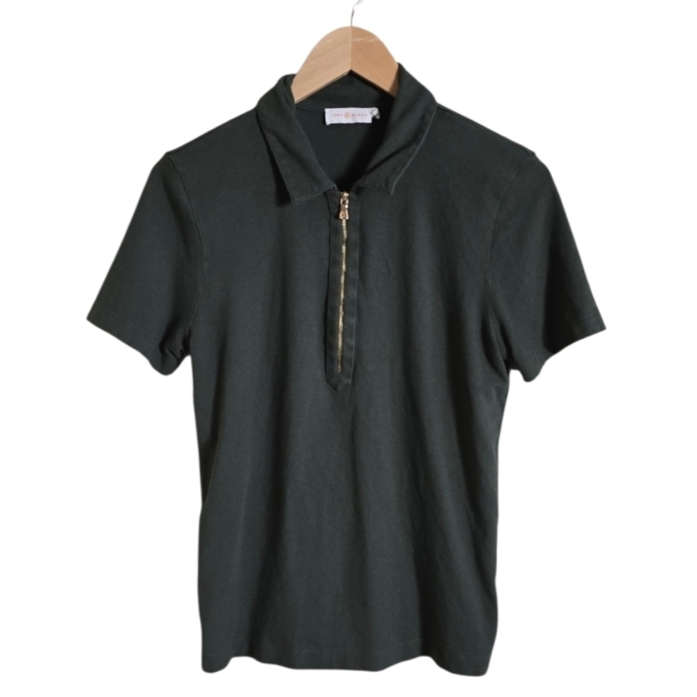Tory Burch Dark Green Short-Sleeve Polo with Gold Zip